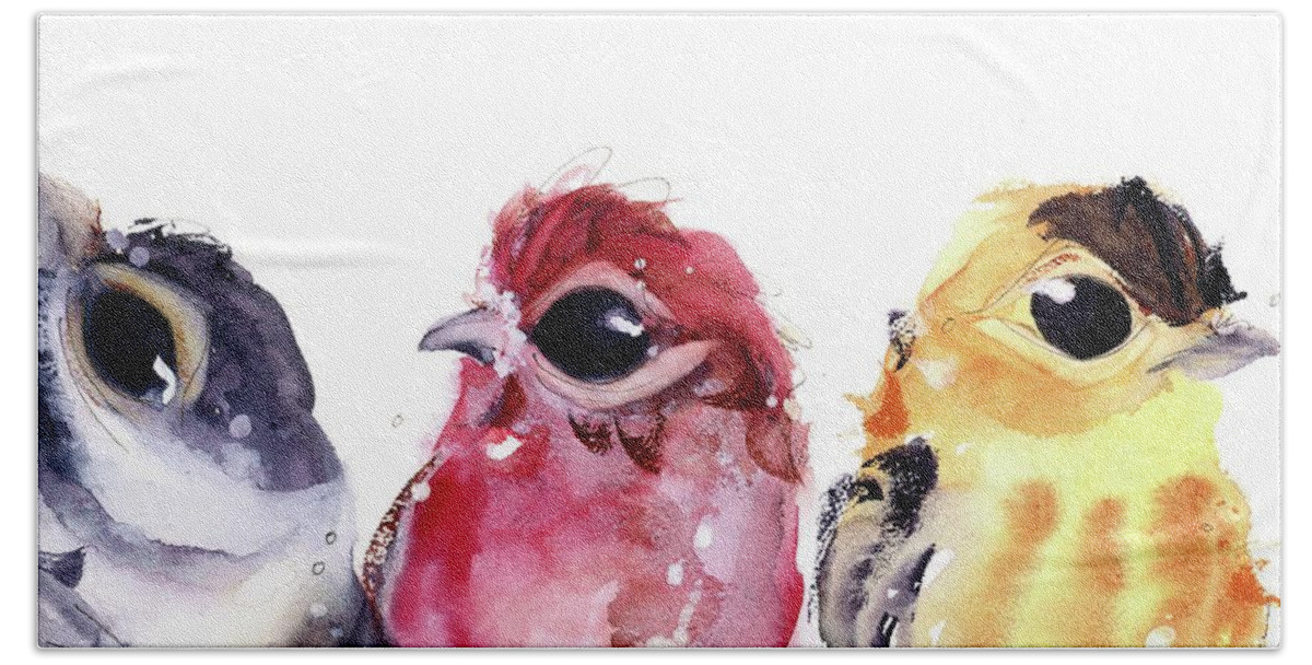 Chickadee Bath Towel featuring the painting Three Little Birds by Dawn Derman