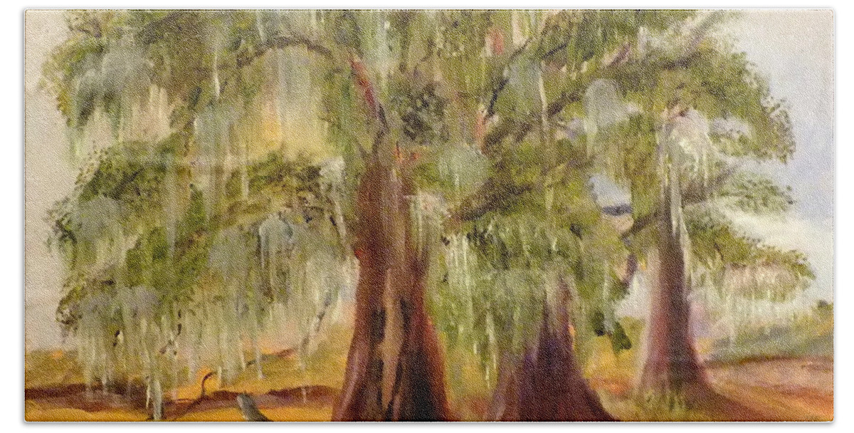 Trees Hand Towel featuring the painting Three Live Oaks with Spanish Moss in a Florida Cow Pasture by Peggy King