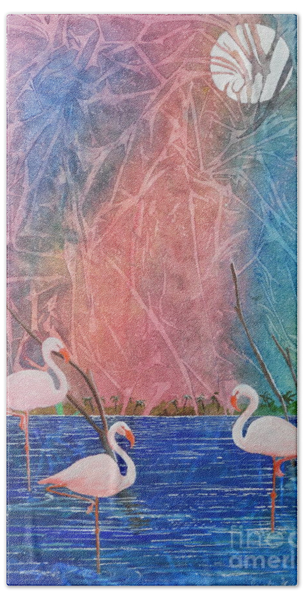 Flamingos Bath Towel featuring the painting Three Pink Flamingos by Jackie Mueller-Jones