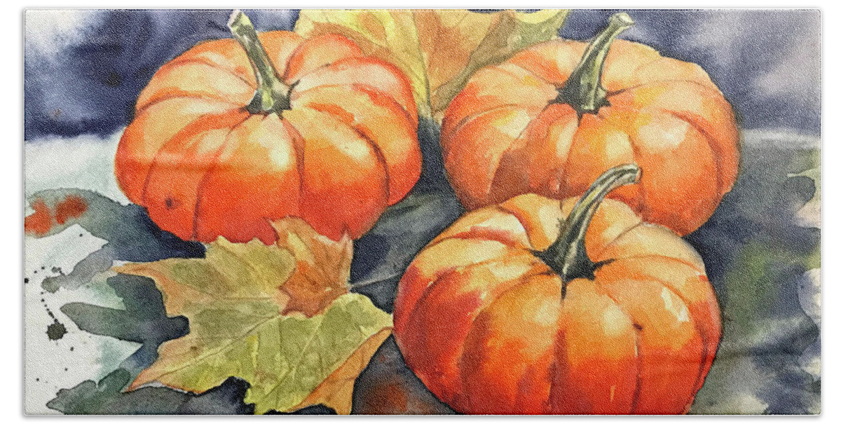 Pumpkins Bath Towel featuring the painting Three Pumpkins by Hilda Vandergriff