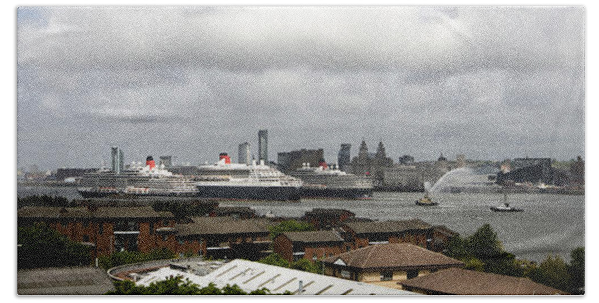 Cunard Bath Towel featuring the photograph Three Queens on the Mersey by Spikey Mouse Photography