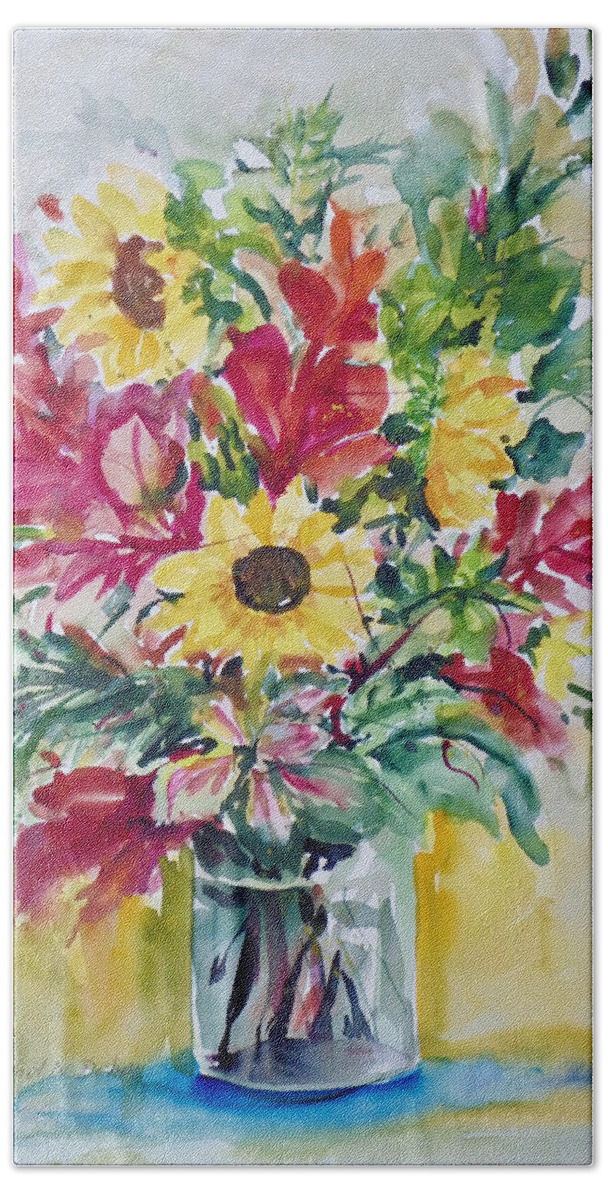 Flowers Bath Towel featuring the painting Three Sunflowers by Ingrid Dohm