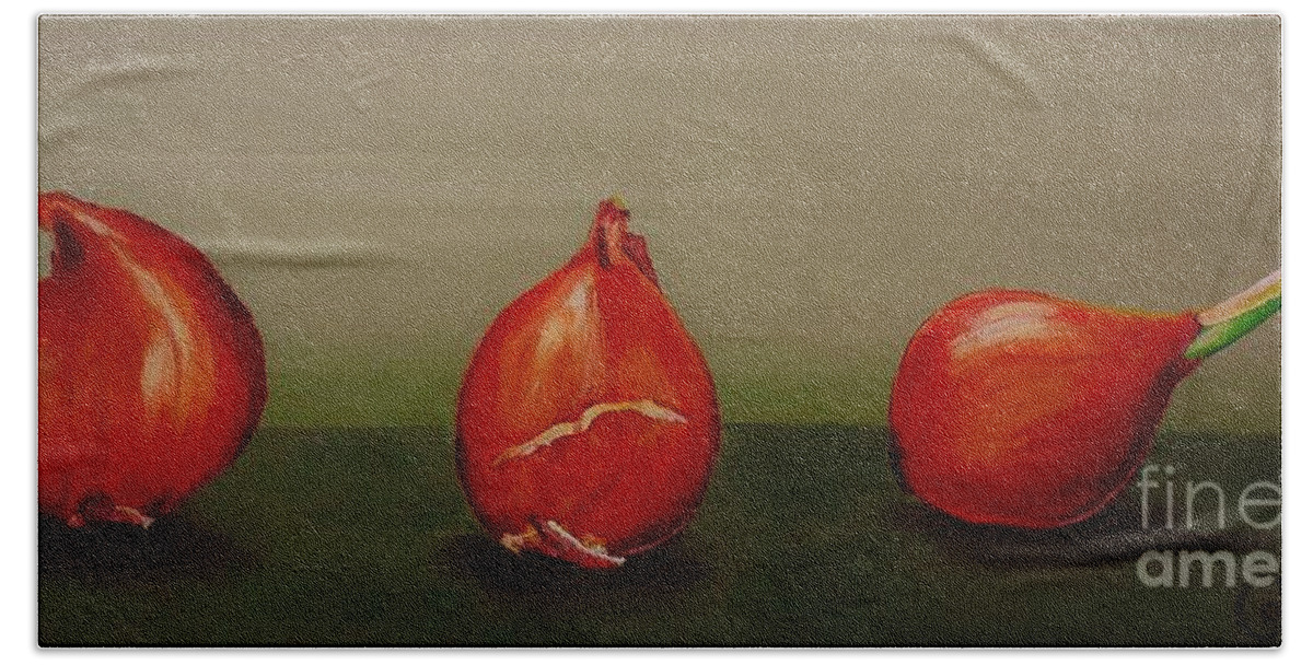 Tulip Bulbs Hand Towel featuring the painting Three Tulip Bulbs by Cami Lee