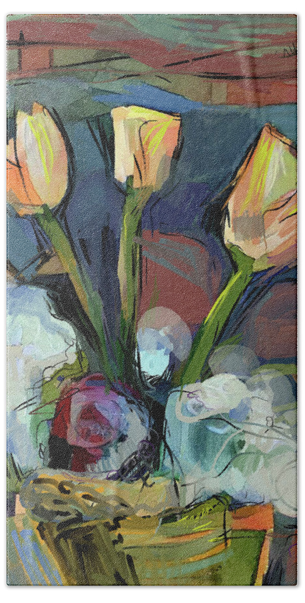 Floral Arrangement Bath Towel featuring the mixed media Three Tulips by Russell Pierce