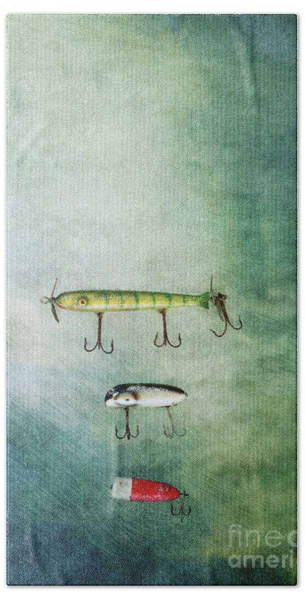 Lure Bath Towel featuring the photograph Three Vintage Fishing Lures by Stephanie Frey