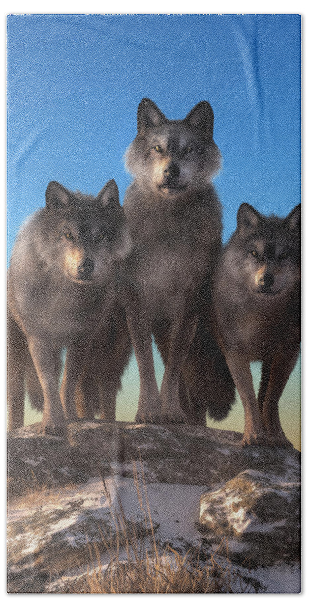 Staring Contest Bath Towel featuring the digital art Three Wolves Watching You by Daniel Eskridge