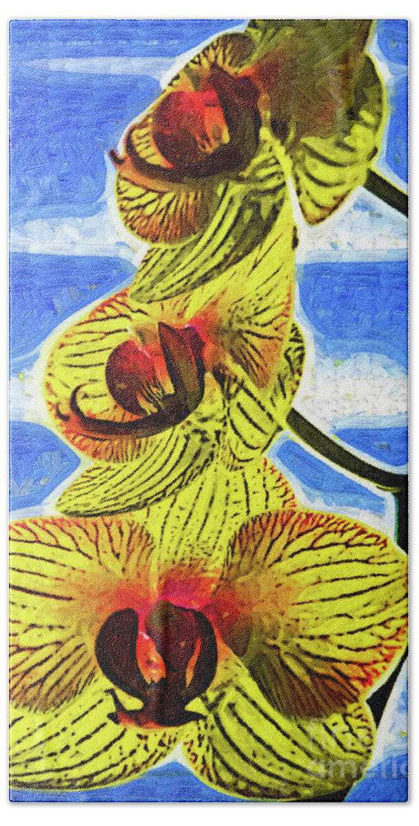Flowers Bath Towel featuring the digital art Three Yellow Orchid Blooms by Kirt Tisdale