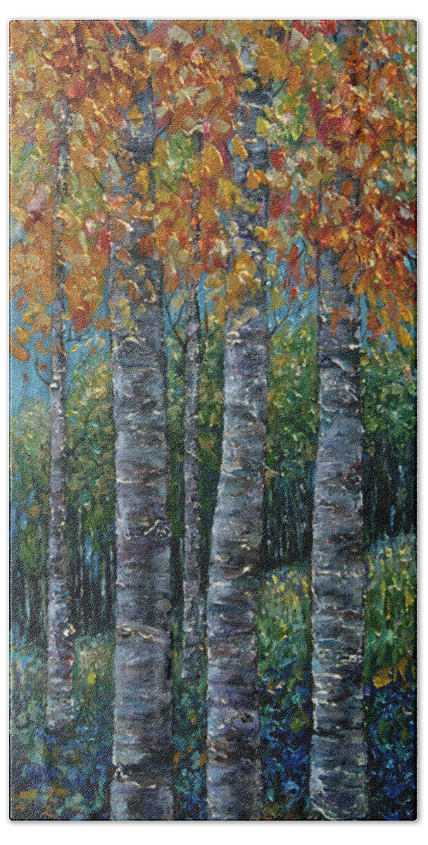 Leaf Hand Towel featuring the painting Through The Aspen Trees Diptych 2 by OLena Art