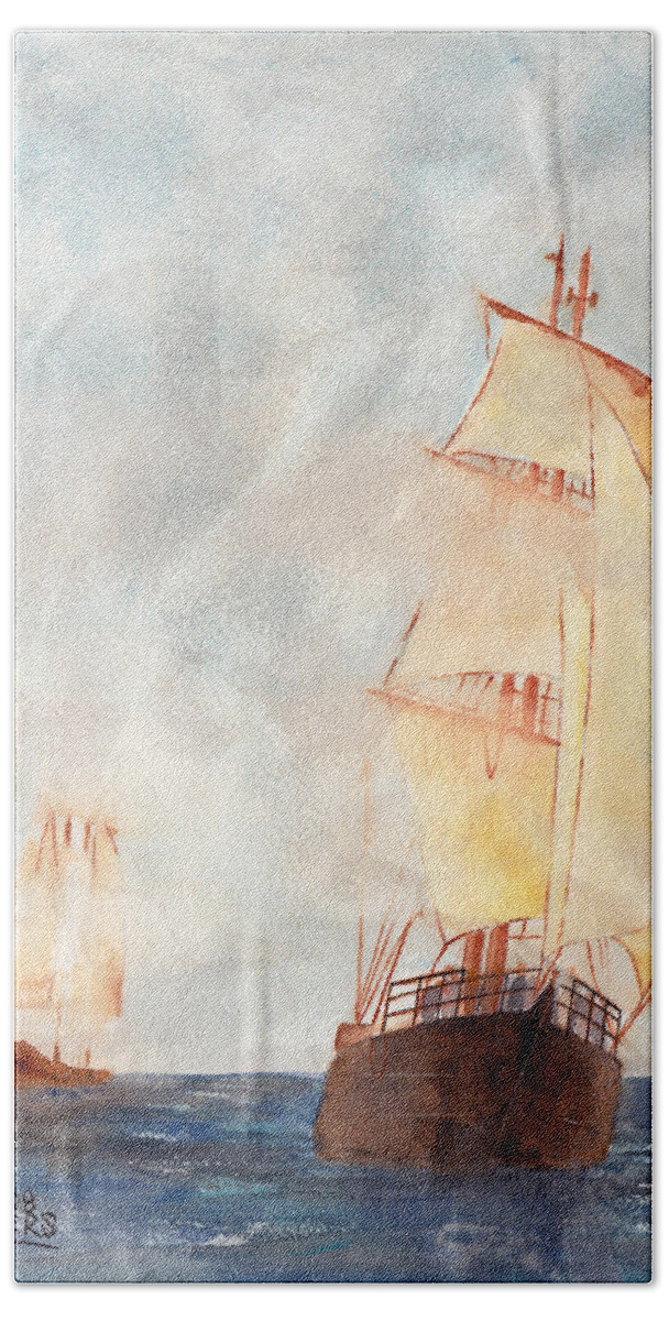 Ship Bath Towel featuring the painting Through the Fog by Ken Powers