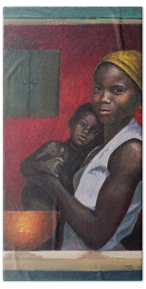African Hand Towel featuring the painting Through the Window by Tilly Willis