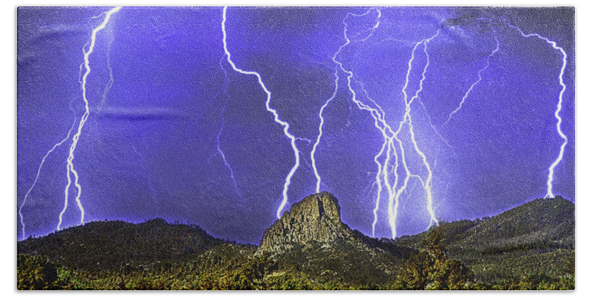 Monsoon Bath Towel featuring the photograph Thumb Butte, Electrical Storm, Prescott,arizona by Don Schimmel