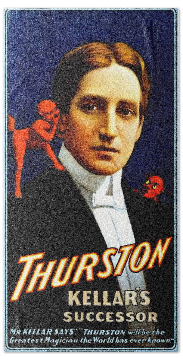 Thurston Bath Towel featuring the painting Thurston, Kellar's successor, magician poster, 1908 by Vincent Monozlay