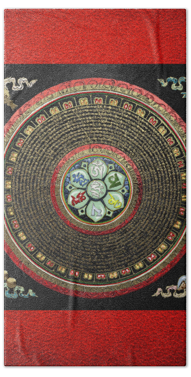 'treasures Of Tibet' Collection By Serge Averbukh Hand Towel featuring the digital art Tibetan OM Mantra Mandala in Gold on Black and Red by Serge Averbukh