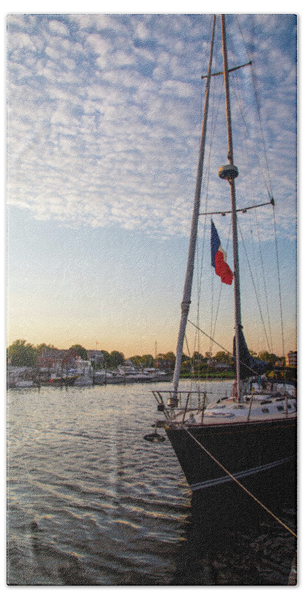 Sails At Dock Bath Towel featuring the photograph Tied Off For The Night by Karol Livote
