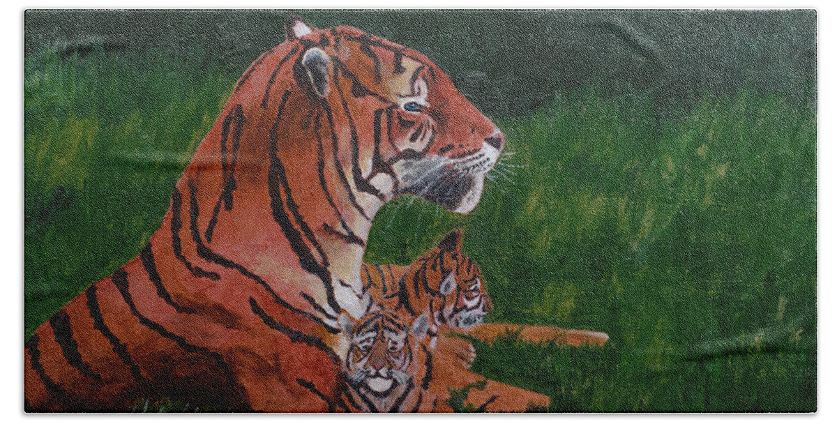 Tiger Bath Towel featuring the painting Tiger Family by Laurel Best