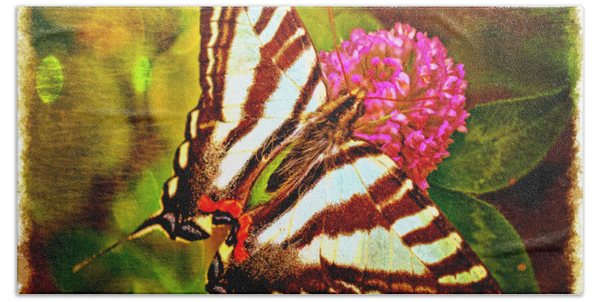 Nature Bath Towel featuring the photograph Zebra Swallowtail Butterfly - Digital Paint 3 by Debbie Portwood