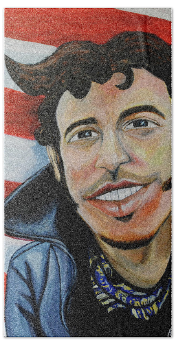 Bruce Springsteen Bath Towel featuring the painting TillieSteen by Patricia Arroyo