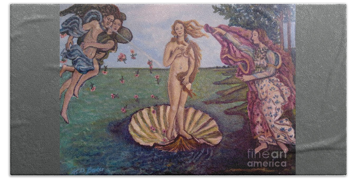 Inspired Painting Of Botticelli's birth Of Venus Symbol For Women's Sacred And Undeniable Rights Original Wording Of The Declaration Of Independence Document Golden Luminous Female Figure Standing On Oyster Shell Represents A Jewel Female Dressed In An Elegant Gown Ready To Clothe Her With A Luxurious Robe Male And Female Figure With Wings Blowing Breath On Female Figure Green Teal Background Lower Half For The Water Light Blue For The Sky Pink Roses Thrown To Celebrate Acrylic Painting Bath Towel featuring the painting Time to Celebrate Our Sacred and Undeniable Rights by Kimberlee Baxter