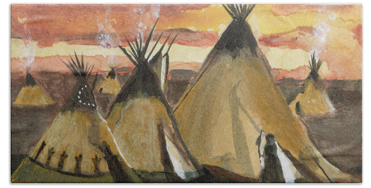 Tepee Bath Towel featuring the painting Tepee Village by Sheila Johns