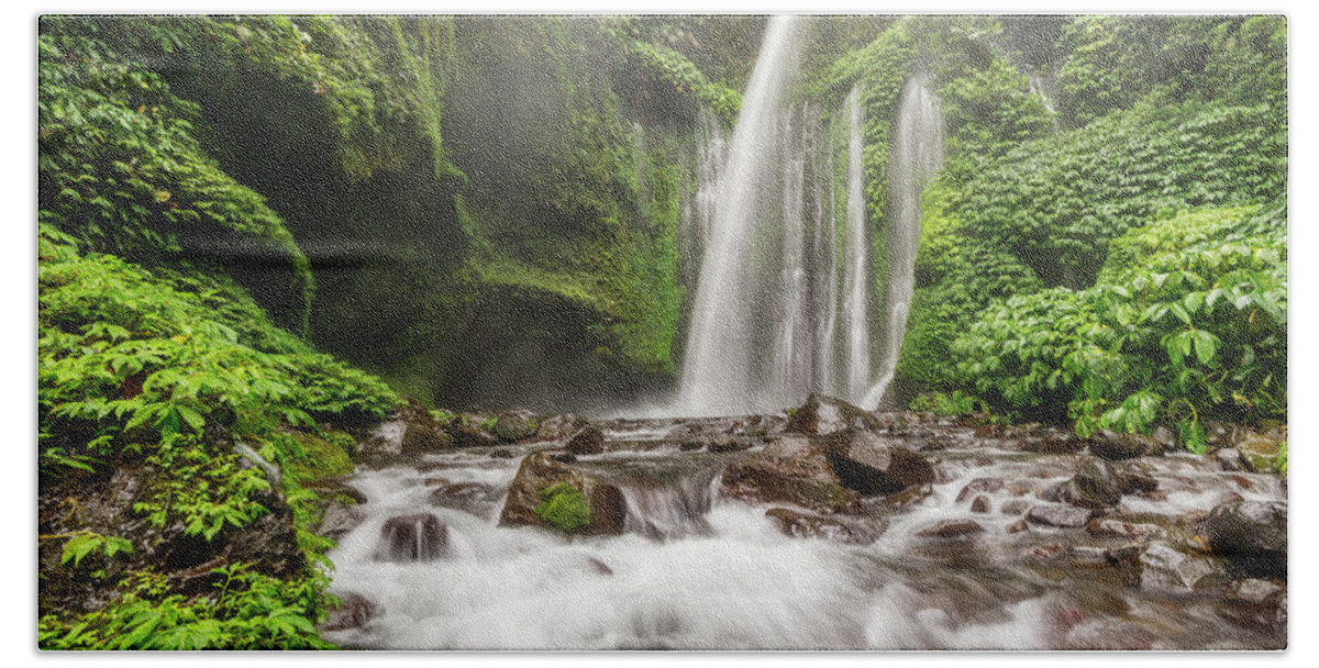 Waterfalls Bath Towel featuring the photograph Tiu Kelep, Lombok waterfall by Pradeep Raja Prints
