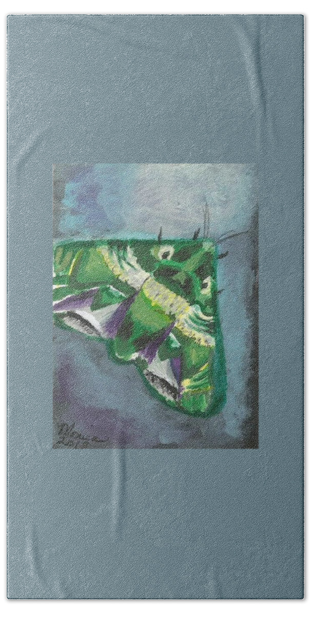 Moth Hand Towel featuring the painting To The Light Green Moth by Monica Resinger