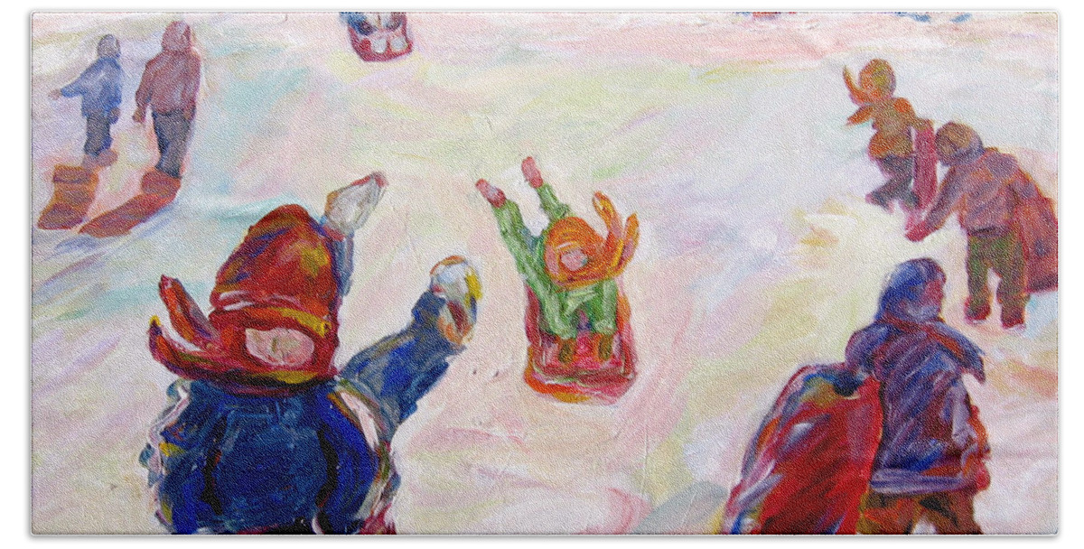 Children Tobagganing Bath Towel featuring the painting Tobogganing by Naomi Gerrard