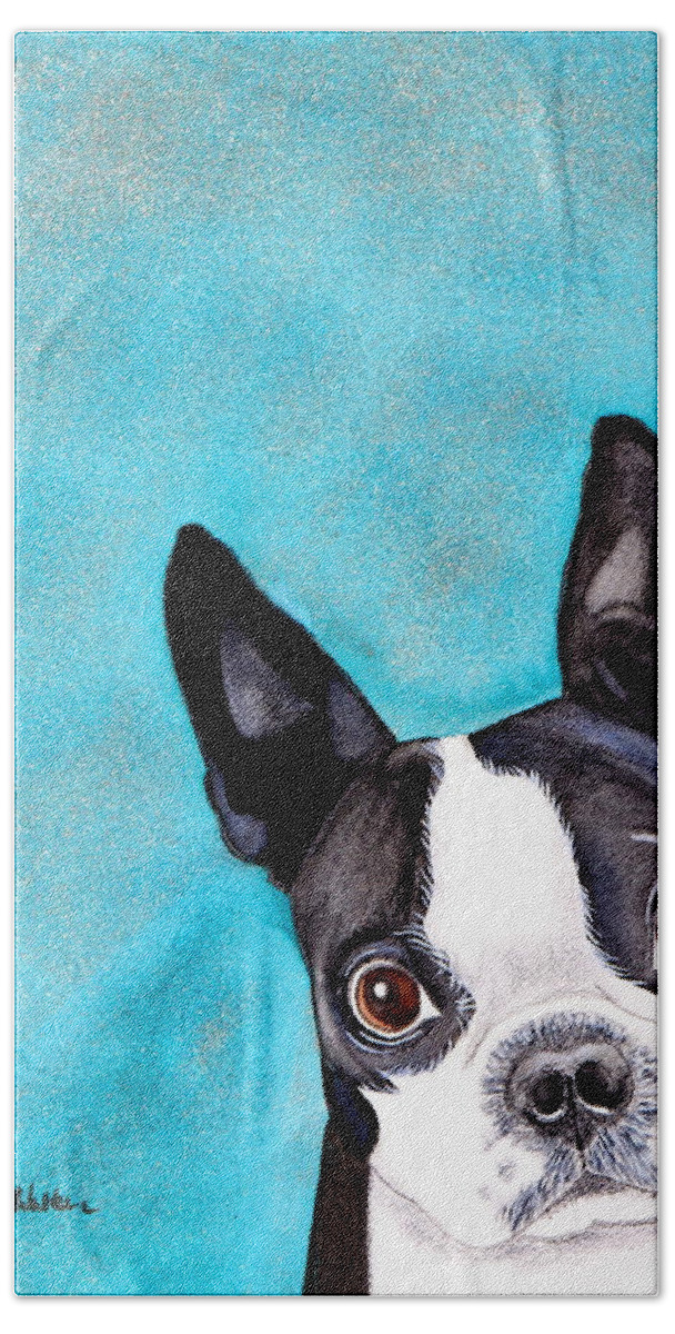 Blue Bath Towel featuring the painting Toby Watercolor by Kimberly Walker