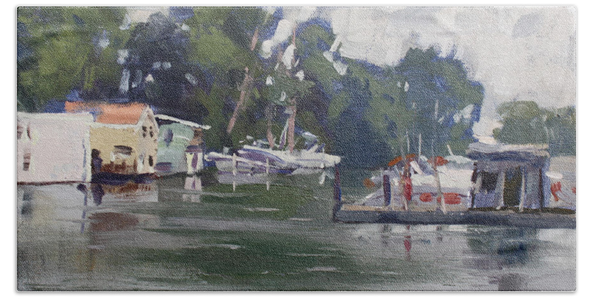 Plein Air Hand Towel featuring the painting Today's Plein Air Workshop Demonstration at Wardell Boat Yard by Ylli Haruni