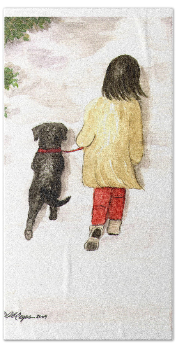 Lab Bath Towel featuring the painting Together - Black Labrador and Woman Walking by Amy Reges