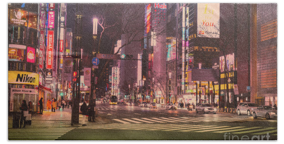 Tokyo Bath Towel featuring the photograph Tokyo Street at Night, Japan by Perry Rodriguez