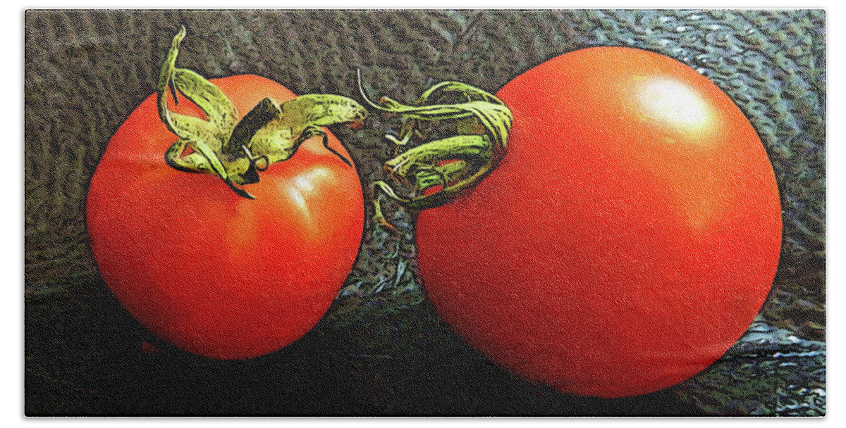 Tomatoes Bath Towel featuring the digital art Tomato Conversation by Gary Olsen-Hasek