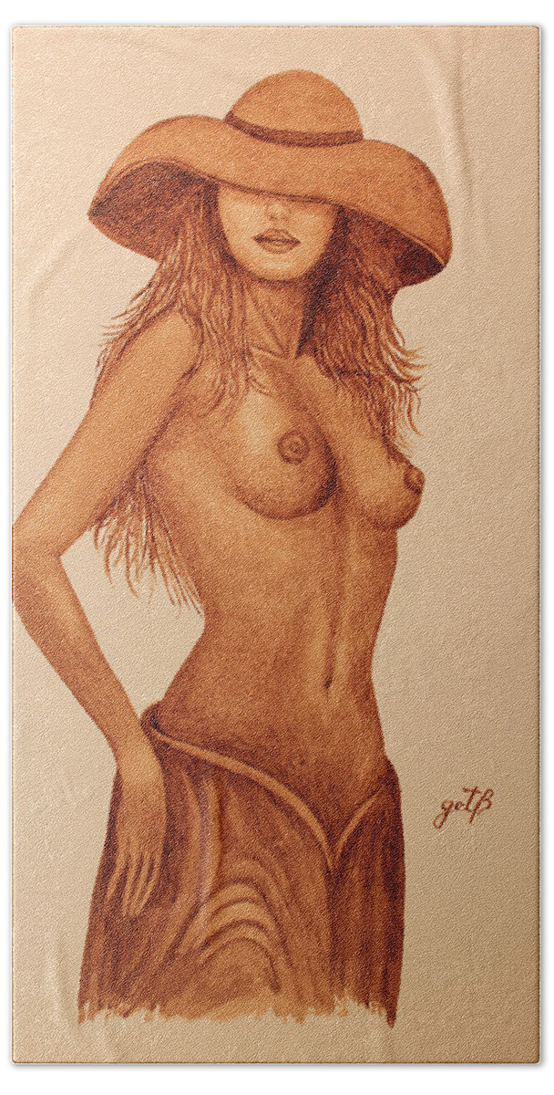 Topless Bath Towel featuring the painting Topless Beauty With Hat original coffee painting by Georgeta Blanaru