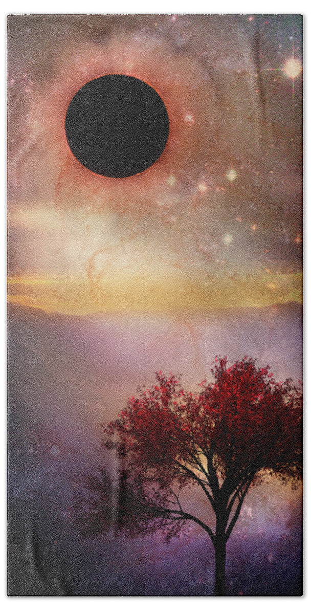 Appalachia Bath Towel featuring the digital art Total Eclipse of the Sun Tree Art by Debra and Dave Vanderlaan