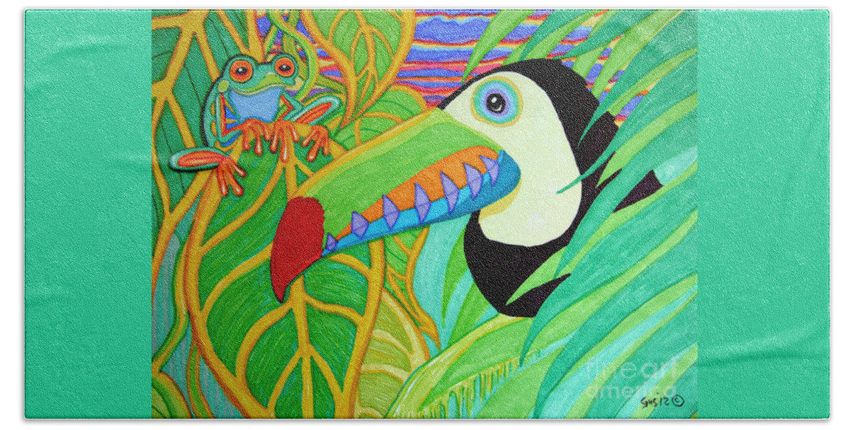 Red Eyed Tree Frogs Bath Towel featuring the drawing Toucan and Red Eyed Tree Frog by Nick Gustafson