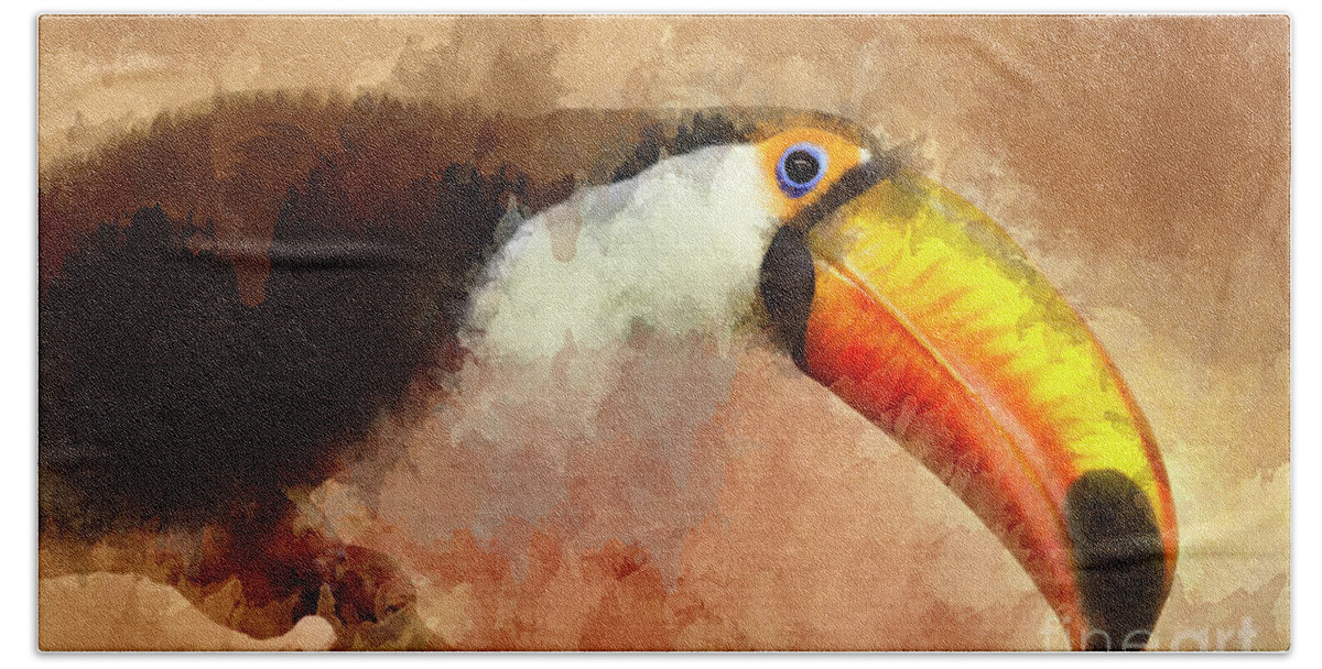 Toucan Bath Towel featuring the mixed media Toucan by David Millenheft