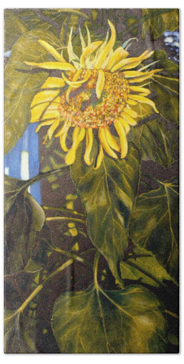 Tamara Kulish Hand Towel featuring the painting Touch This Sunflower by Tamara Kulish