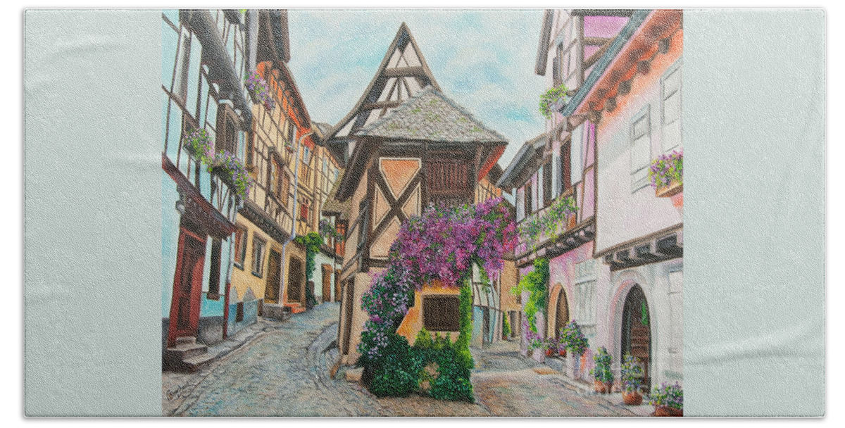 France Hand Towel featuring the painting Touring in Eguisheim by Charlotte Blanchard