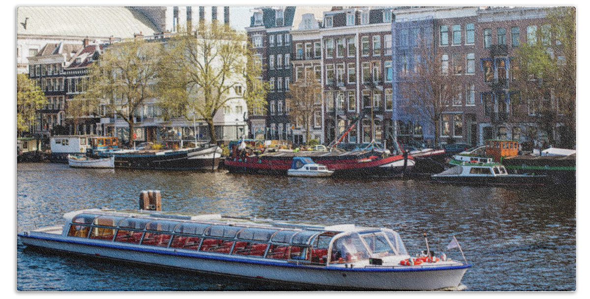 Jenny Rainbow Fine Art Photography Bath Towel featuring the photograph Touristic Boat at Amsterdam Canal by Jenny Rainbow