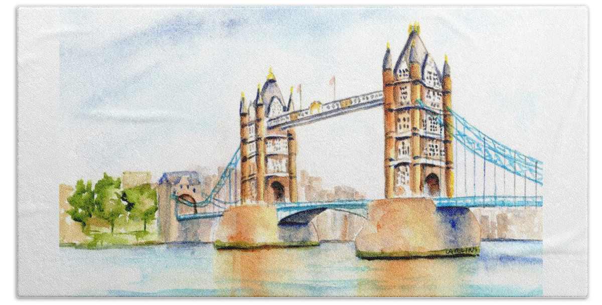 Bridge Hand Towel featuring the painting Tower Bridge London by Carlin Blahnik CarlinArtWatercolor