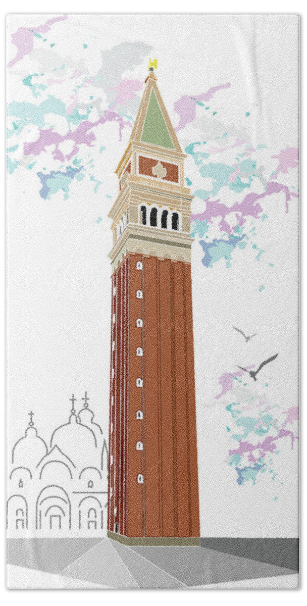 Tower Of Campanile In Venice By Marina Usmanskaya Bath Towel featuring the digital art Tower of Campanile in Venice by Marina Usmanskaya