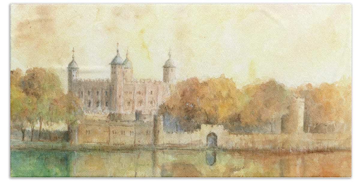 Tower Of London Bath Towel featuring the painting Tower of london watercolor by Juan Bosco