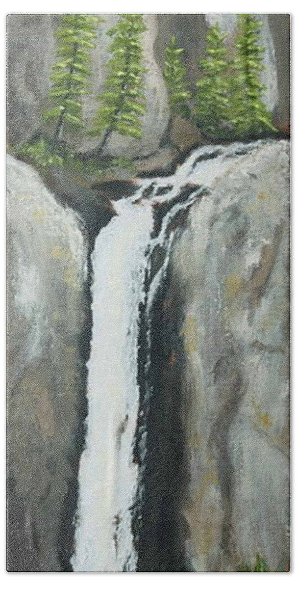 Painting Hand Towel featuring the painting Towering Falls by Alan Mager