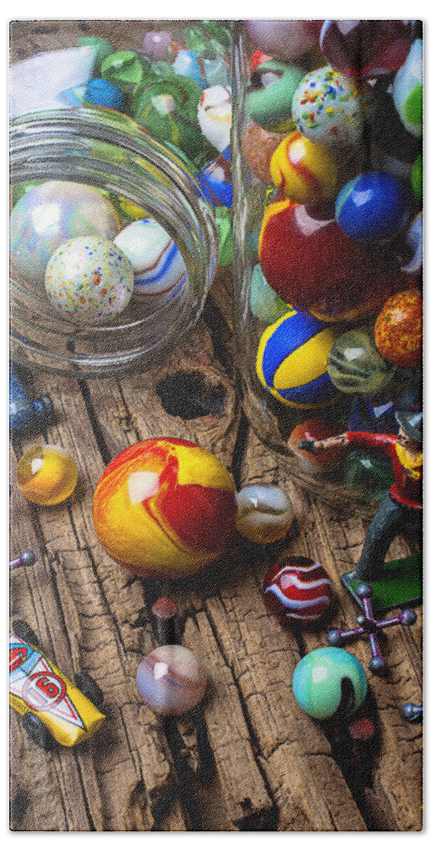 Jar Bath Sheet featuring the photograph Toys and marbles by Garry Gay