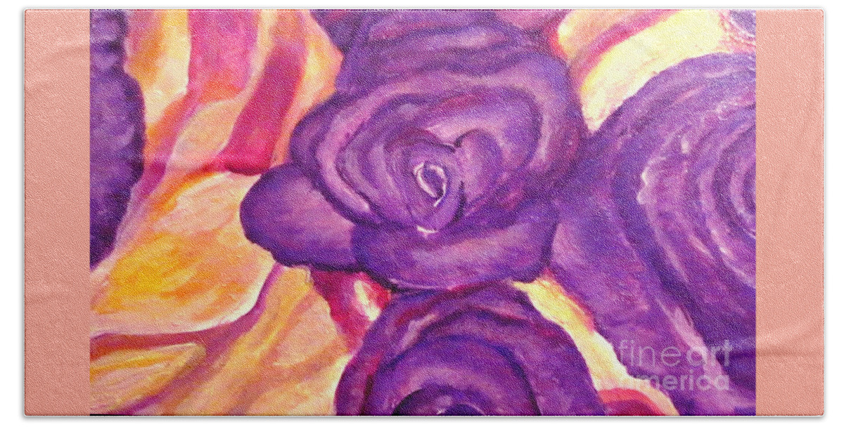 Twist On Traditional English Roses With A Contemporary Pop Art Twist Deep Purple Petals Luminescent Petals Golden And Crimson And Rose Background Nature Work Flower Work Roses Acrylic Painting Bath Towel featuring the painting Traditional Roses with a Pop Art Twist by Kimberlee Baxter