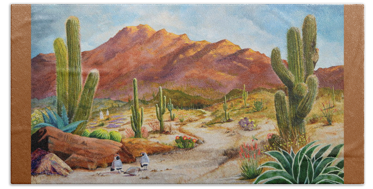 Desert Scene Bath Towel featuring the painting Trail To The San Tans by Marilyn Smith