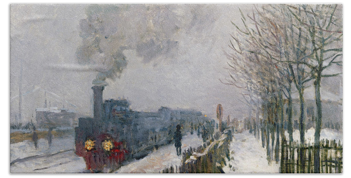 Train Hand Towel featuring the painting Train in the Snow or The Locomotive by Claude Monet
