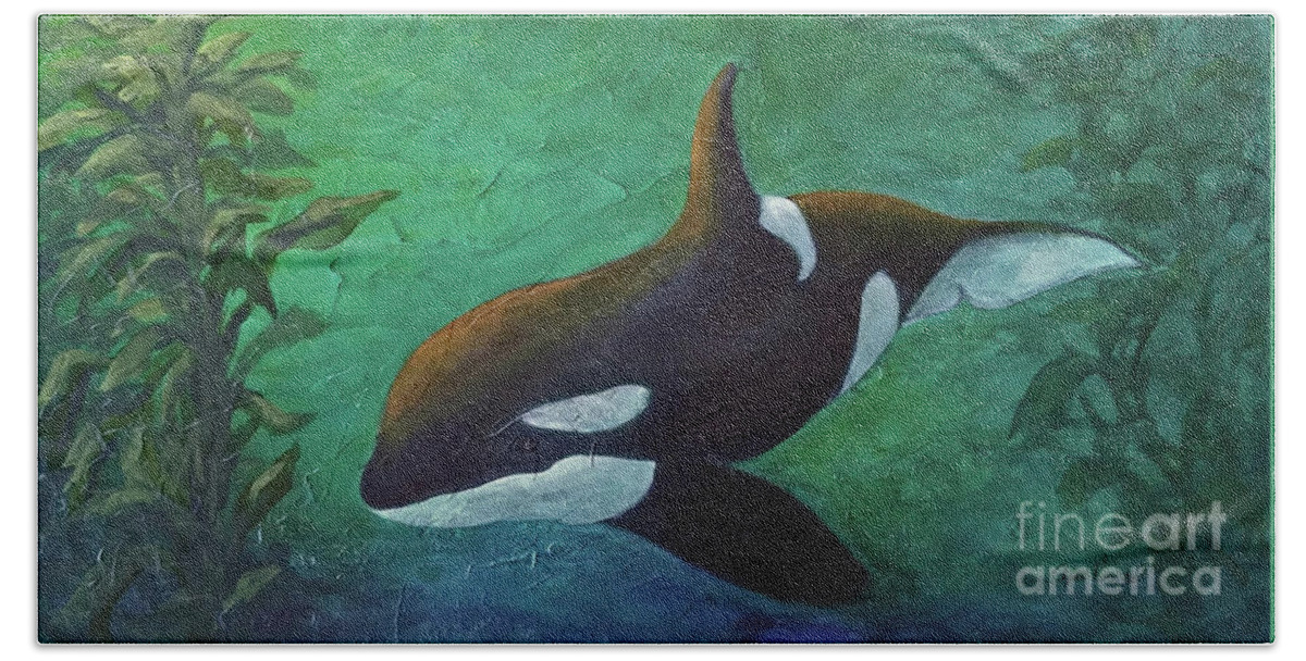 Orca Bath Towel featuring the painting Tranquil Force by Phyllis Howard