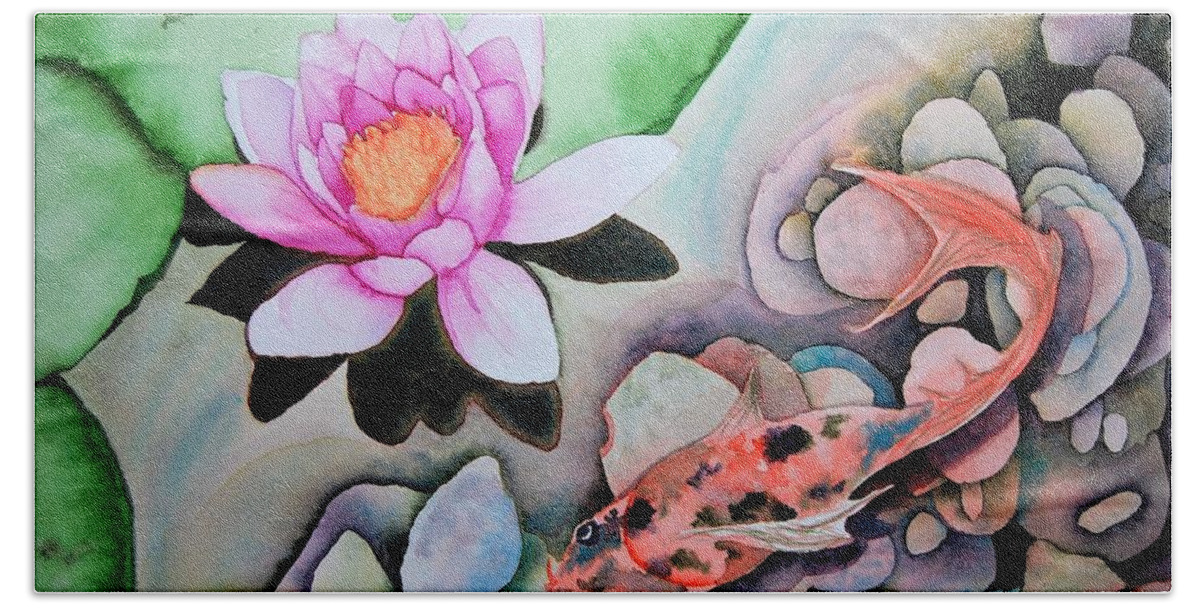 Water Lily Hand Towel featuring the painting Stone's Throw by Sonja Jones