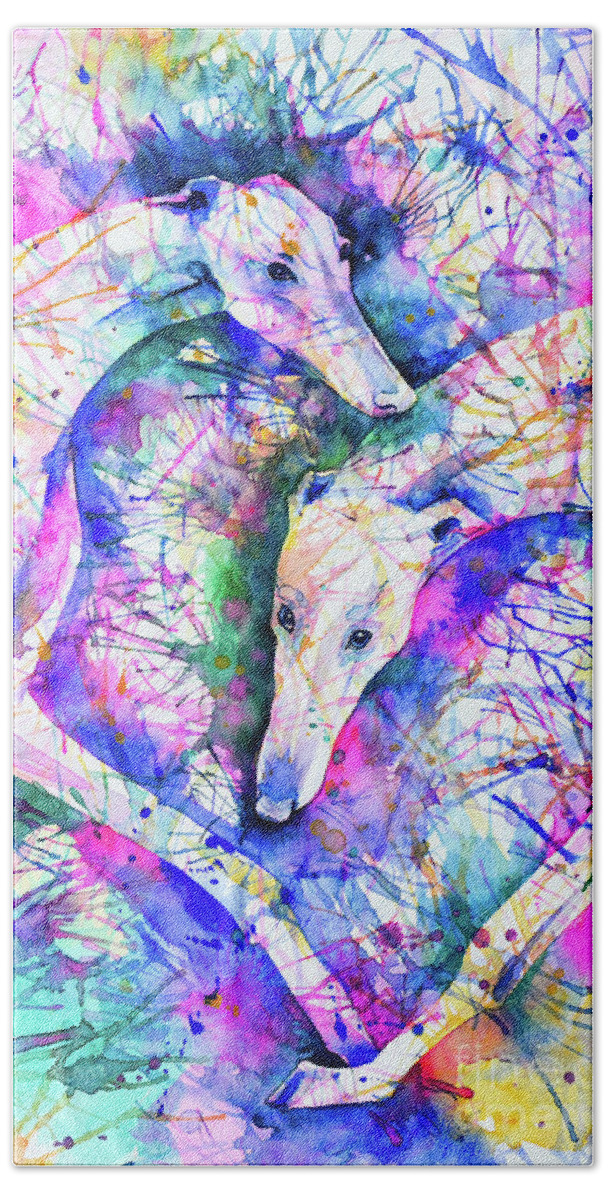 Greyhound Bath Towel featuring the painting Transcendent Greyhounds by Zaira Dzhaubaeva
