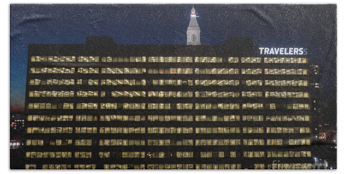 Architecture Bath Towel featuring the photograph Travelers Insurance Company at Night by Thomas Marchessault
